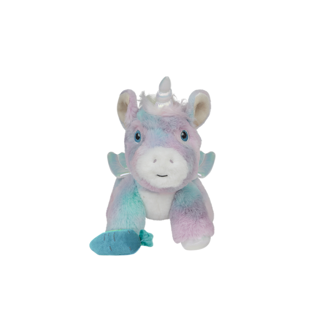 Front view of Dazzle the Dinkum Unicorn plush toy – Pastel rainbow unicorn with silver horn, iridescent wings, sparkling embroidered eyes, and velvet carrot.
