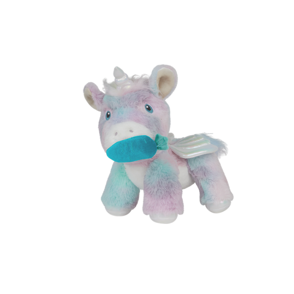 Dazzle unicorn plush holding blue velvet carrot – Magnetic mouth holding plush carrot accessory, perfect for interactive play.