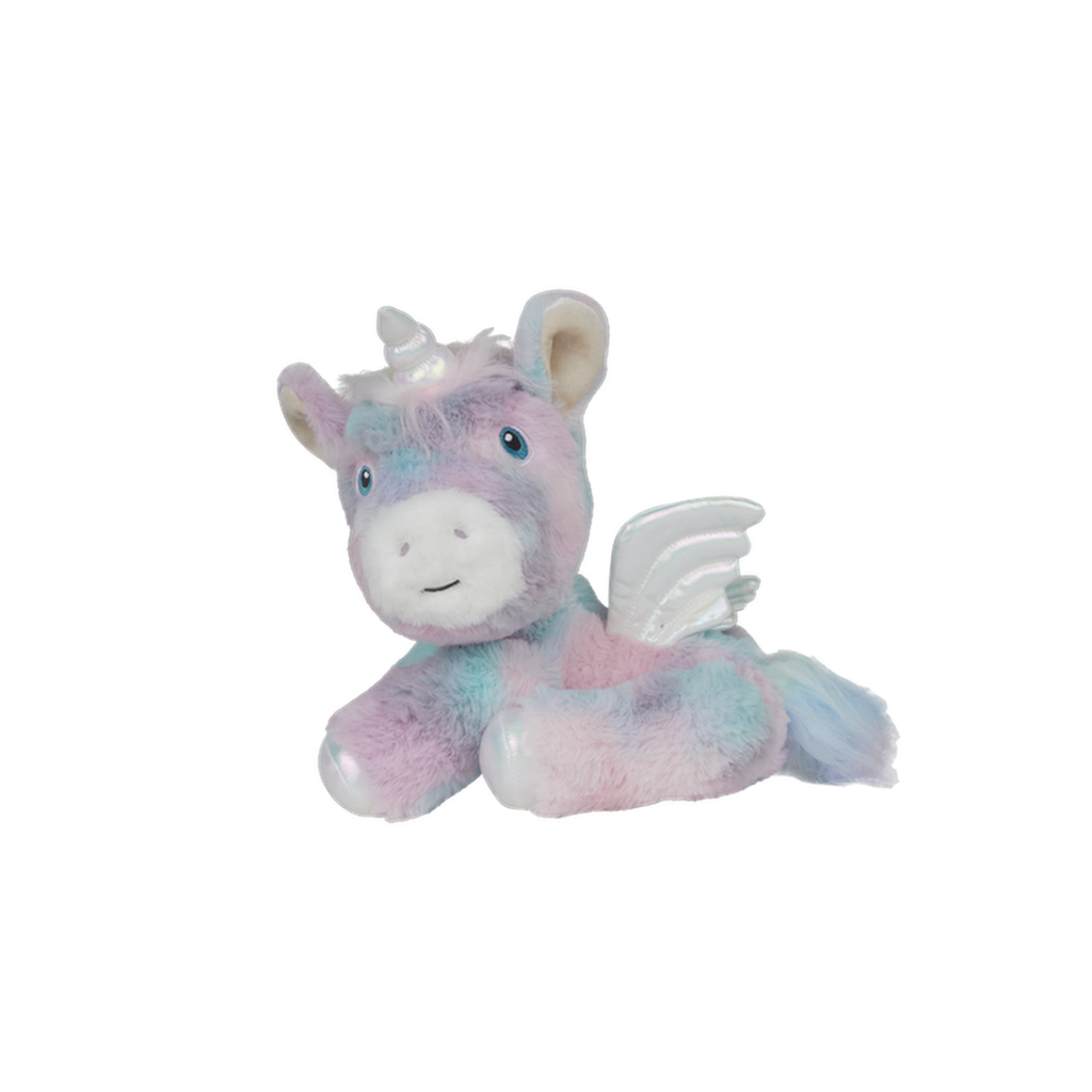 Playful angle of pastel unicorn plush toy – Posable unicorn with rainbow fur, silver horn, and iridescent details sitting upright.