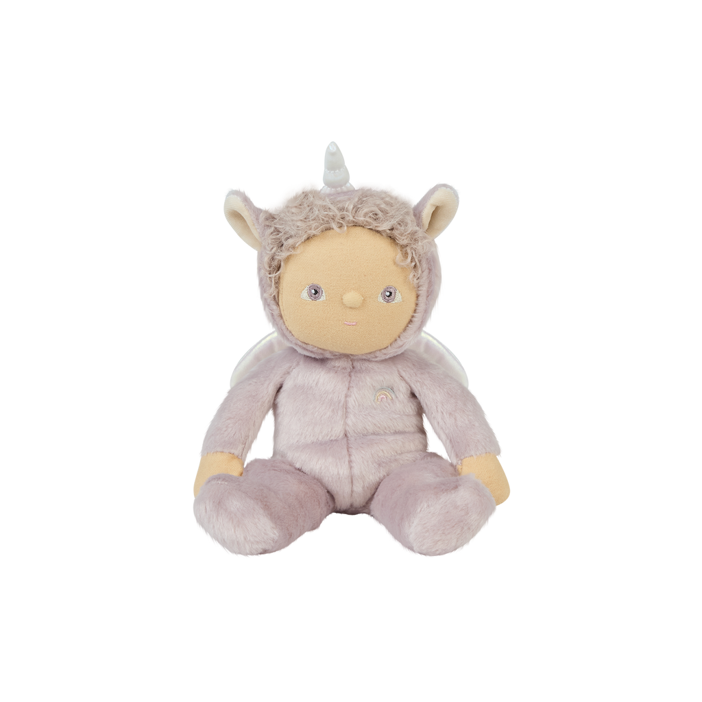 Front view of Dinky Dinkum Dolls Uma Unicorn – A soft lilac plush doll with curly hair, silver unicorn horn, and plush ears, wearing a non-removable onesie.