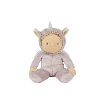 Front view of Dinky Dinkum Dolls Uma Unicorn – A soft lilac plush doll with curly hair, silver unicorn horn, and plush ears, wearing a non-removable onesie.