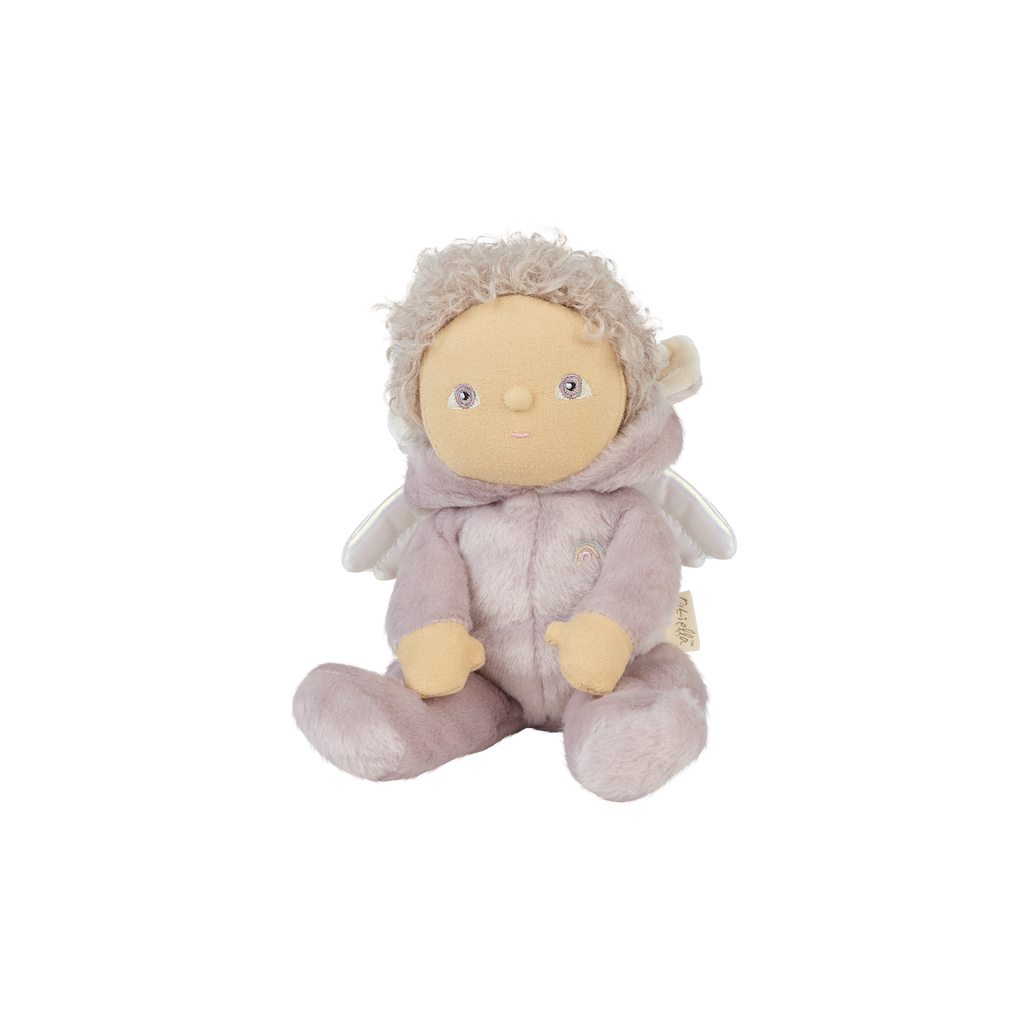 Uma Unicorn doll seated upright – Lilac plush unicorn doll with short curly hair and gentle embroidered facial features.