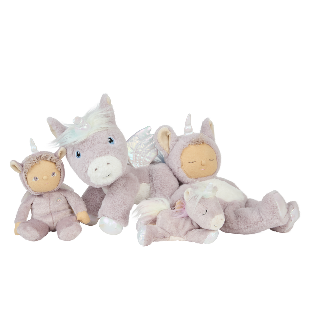Group of unicorn-themed Dinky Dinkum dolls – Plush unicorn dolls posed together with matching unicorn plush animals.