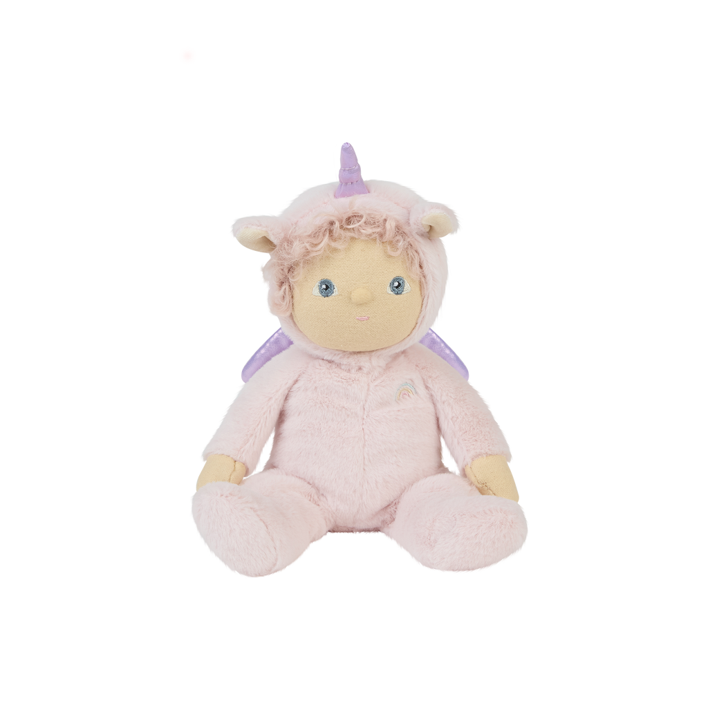 Front view of Dinky Dinkum Doll Una Unicorn – plush doll with pink unicorn onesie, purple wings, and soft curls, sitting upright against a white background.