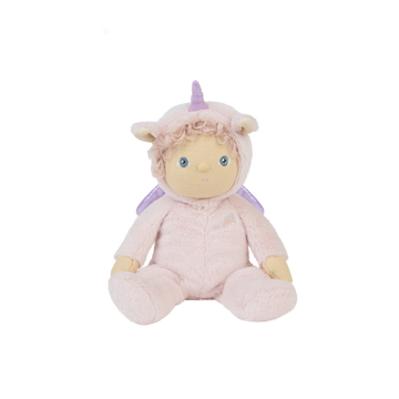 Front view of Dinky Dinkum Doll Una Unicorn – plush doll with pink unicorn onesie, purple wings, and soft curls, sitting upright against a white background.