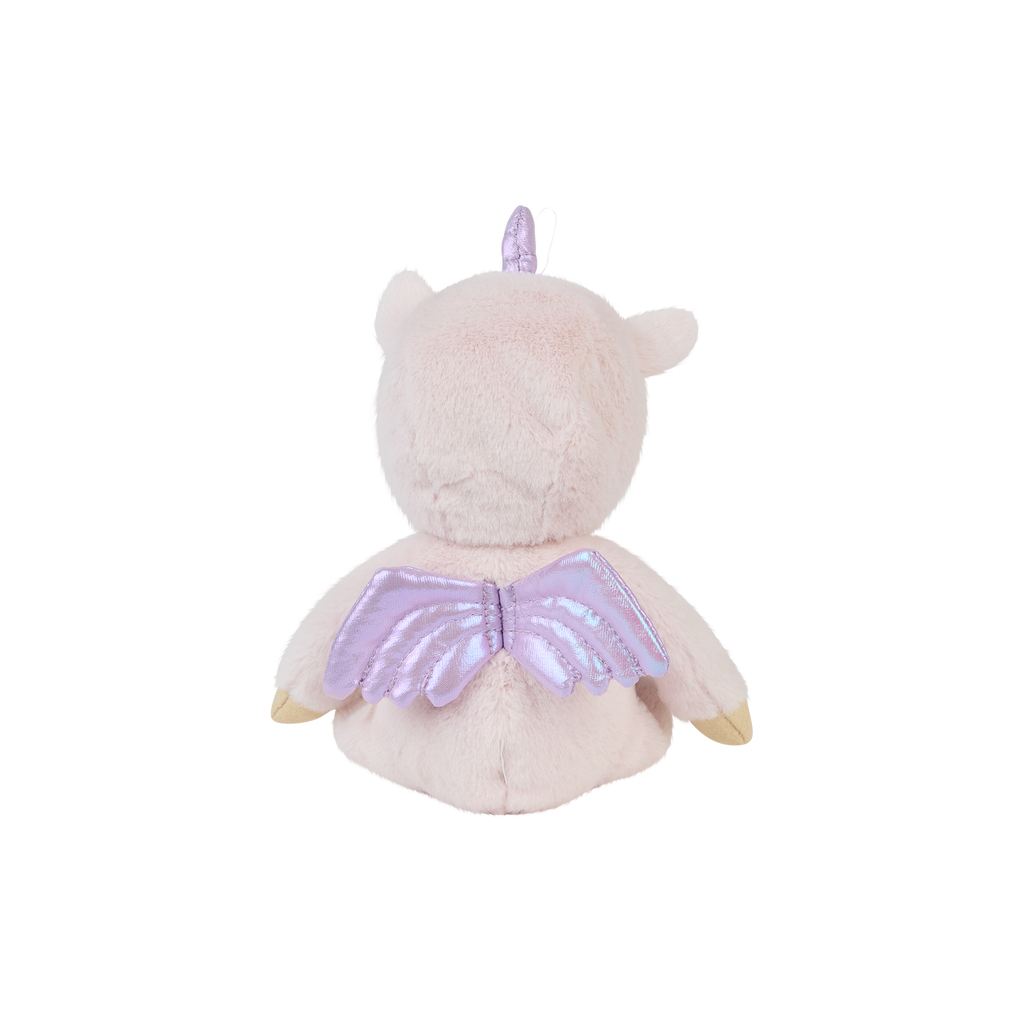 Back view of Una Unicorn doll – showcasing purple fabric wings, unicorn tail, and onesie hood with lilac horn.