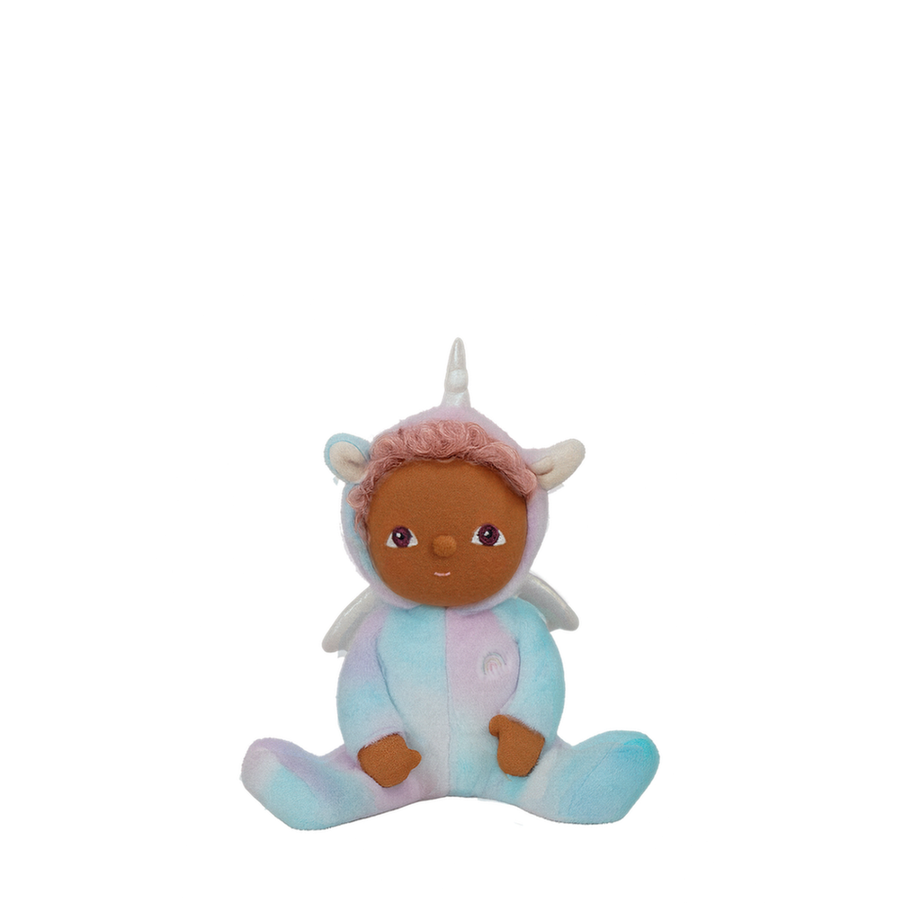 Front view of Uli the Dinkum Unicorn Doll – Plush pastel rainbow unicorn doll with pink curly hair, silver horn, and posable soft body.