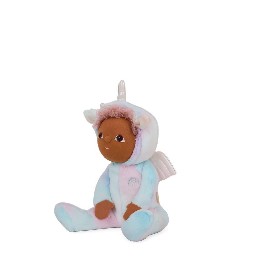 Side profile of Uli Unicorn Doll – Pastel blue and pink unicorn plush doll with silver horn, wings, and embroidered details.