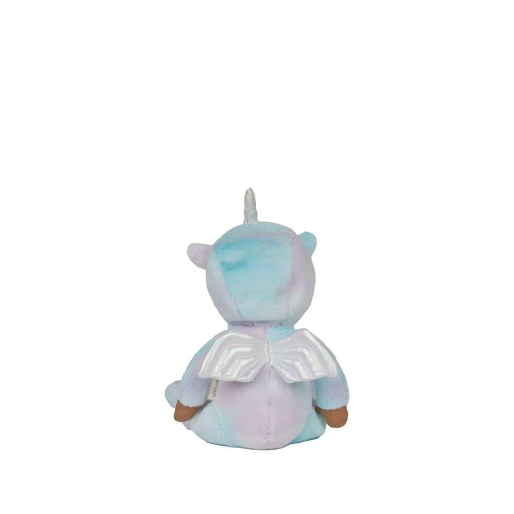 Back view of Uli Unicorn Doll – Plush rainbow onesie with silver wings and tiny unicorn horn hood.