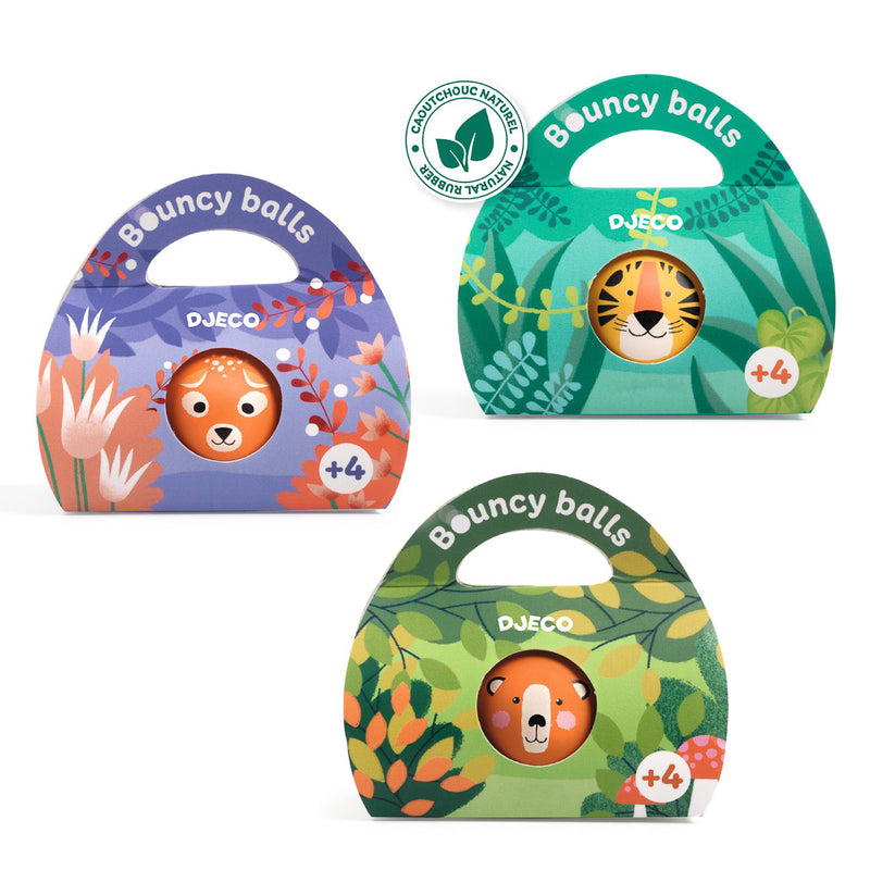 Three assorted Djeco bouncing ball boxes featuring animal illustrations—a orange cub, yellow tiger, and brown bear—each sold separately in gift packaging.