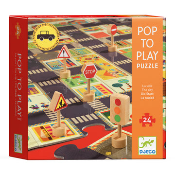 Djeco City Road Pop to Play Puzzle box showing the completed 24-piece road scene with wooden traffic signs, perfect for imaginative vehicle play on a sturdy cardboard mat.