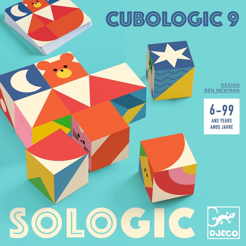 Djeco Cubologic 9 packaging showing the colourful cube puzzle and card deck, highlighting the Sologic range for children aged 5+ focused on logic and brain games.