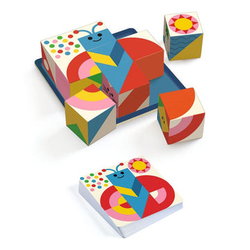 Djeco Cubologic puzzle game in use with 9 colourful wooden cubes arranged in a grid, matching a challenge card featuring fun vintage-style illustrations.
