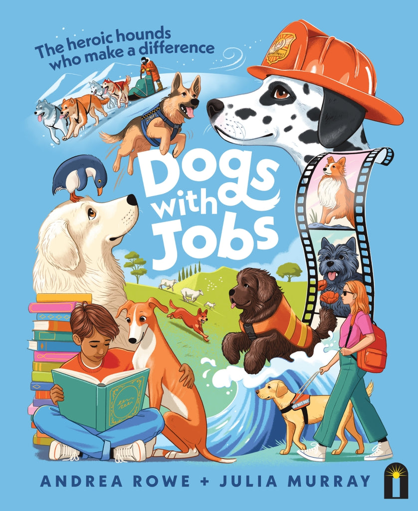 Book cover of 'Dogs with Jobs' featuring various dogs in different professions on a blue background.