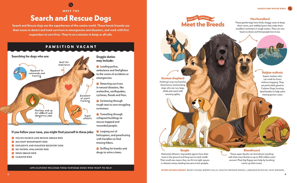 Book page about search and rescue dogs with illustrations and text.
