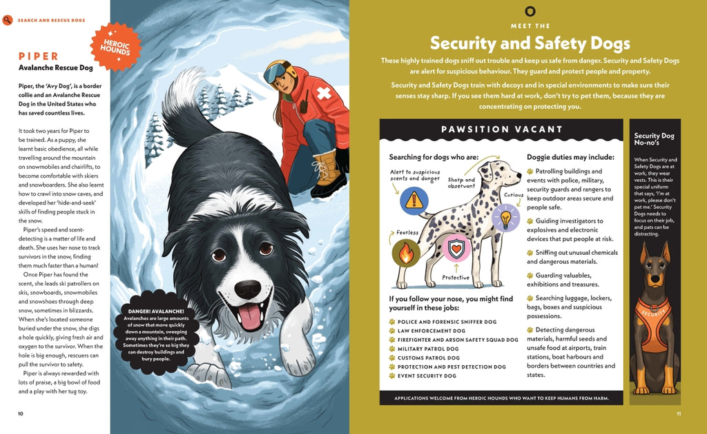 Illustration of a dog in a snowy scene with text and graphics on a magazine page.