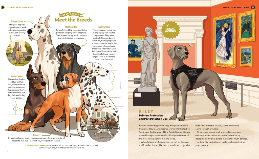 Illustrated book page with dogs and a museum setting