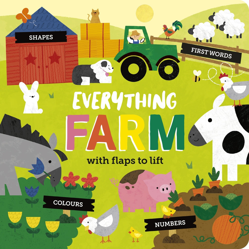 Children's book cover titled 'Everything Farm' with farm animals and activities on a green background.