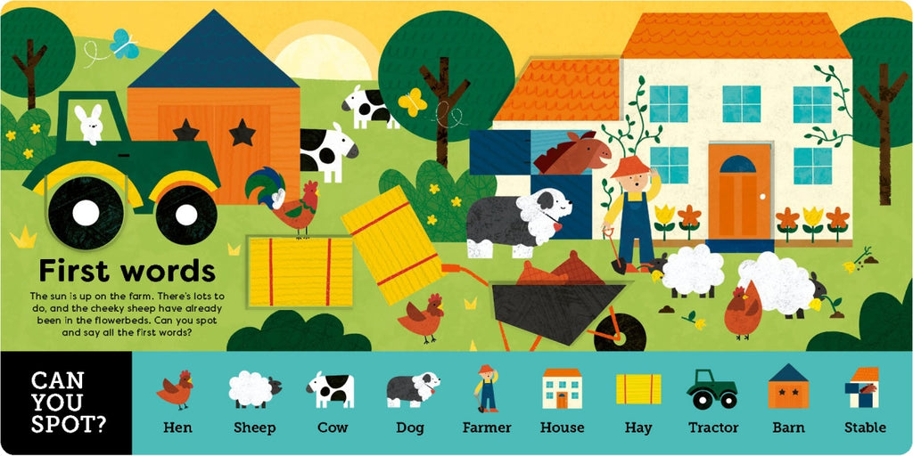Children's book cover with farm-themed illustrations and text.
