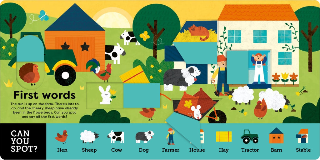 Children's book cover with farm-themed illustrations and text.