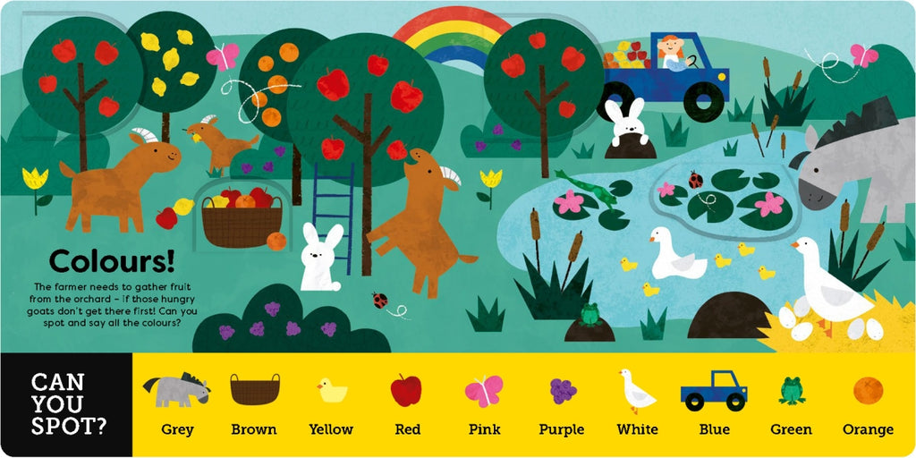 Children's book page with farm scene, animals, and color chart.