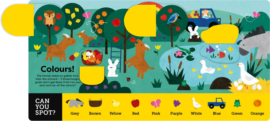 Children's book with colorful illustrations of animals and trees, featuring a color chart at the bottom.