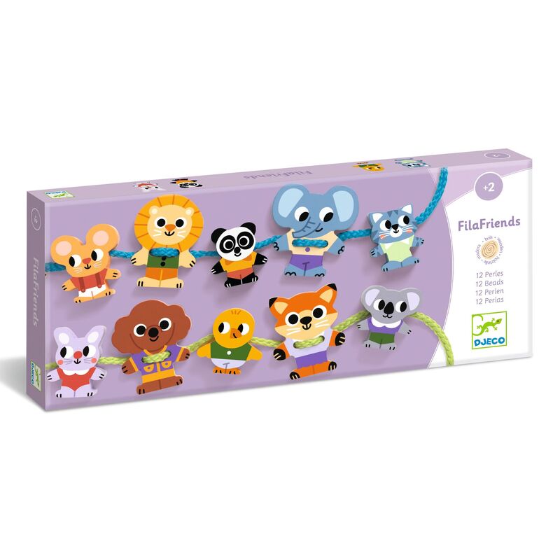 Djeco FilaFriends Wooden Lacing Set in original packaging, featuring illustrated animal beads arranged in a circle of friends, ideal gift for toddlers.