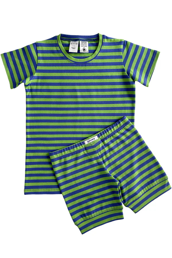 Green and blue striped pajama set on a white background