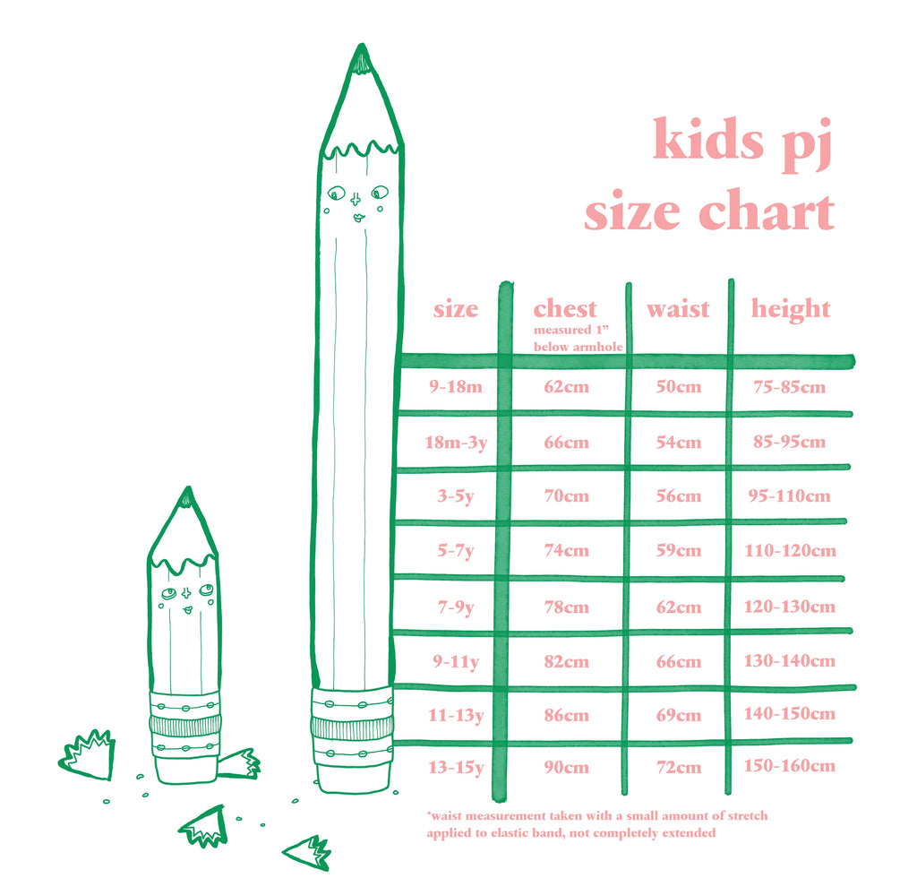 Illustrated G.Nancy kids’ pyjama size chart with cute pencil characters, showing measurements by chest, waist, and height from baby to teen sizes.