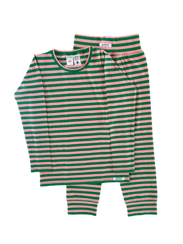 Flat lay of G.Nancy kids’ long pyjama set in bubblegum pink and kelly green stripes, showing long-sleeve top and matching pants on a white background.