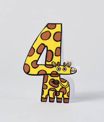 Giraffe-themed 4th birthday card shaped like the number 4, featuring bold spots and a smiling illustrated giraffe at the base.