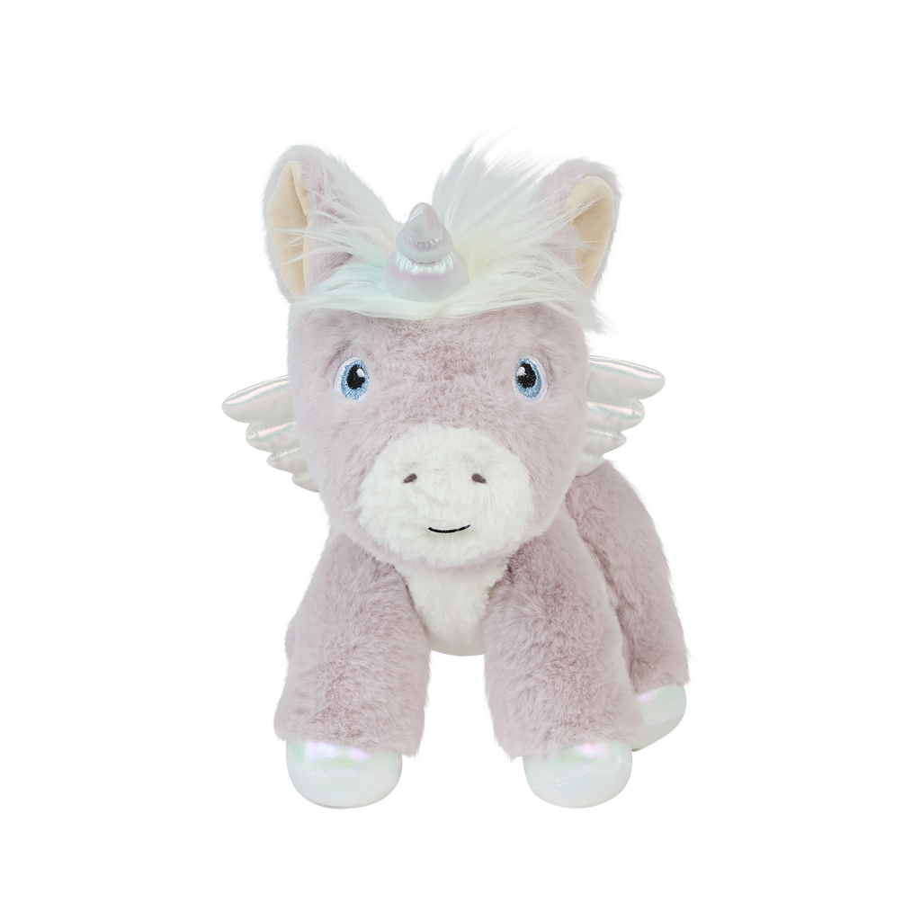 Front view of Glimmer the Dinkum Unicorn plush toy – Lilac plush unicorn with silver horn, iridescent hooves, lavender wings, and rainbow mane.