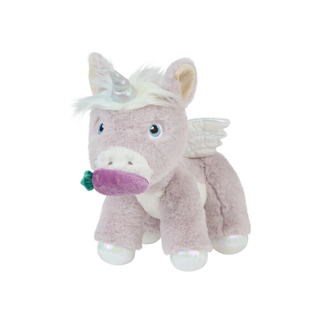 Glimmer unicorn plush holding purple velvet carrot – Magnetic mouth secures carrot accessory for interactive play.