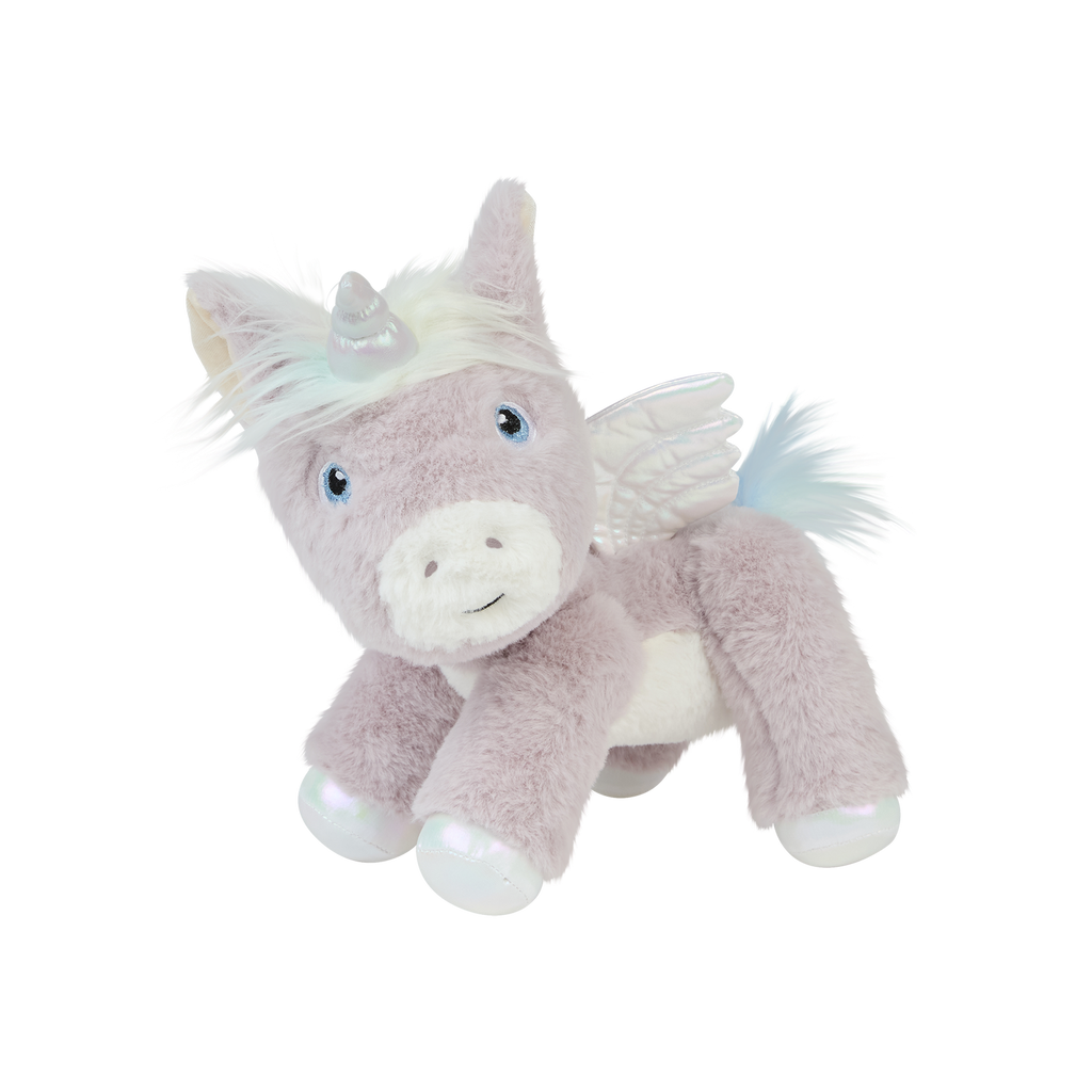 Side angle of Glimmer unicorn plush – Soft lilac unicorn with white muzzle, silver-tipped ears, and shimmering purple wings.