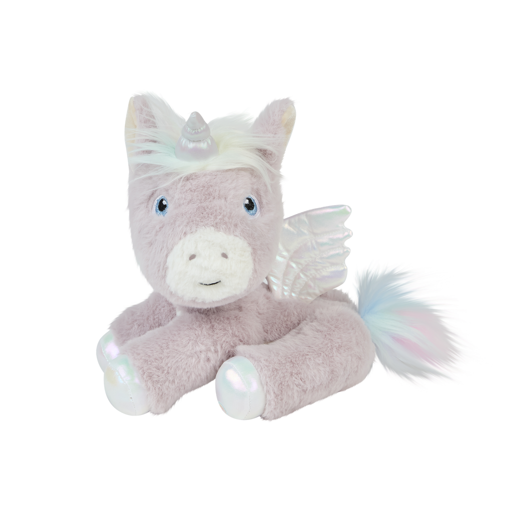 Close-up of Glimmer’s embroidered face – Sparkling blue eyes, silver horn, and fluffy white forelock.