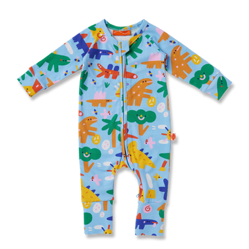 Flat lay of Halcyon Nights Dino Days long sleeve baby romper with colourful dinosaur print, fold-over cuffs, and two-way zip for easy changing.