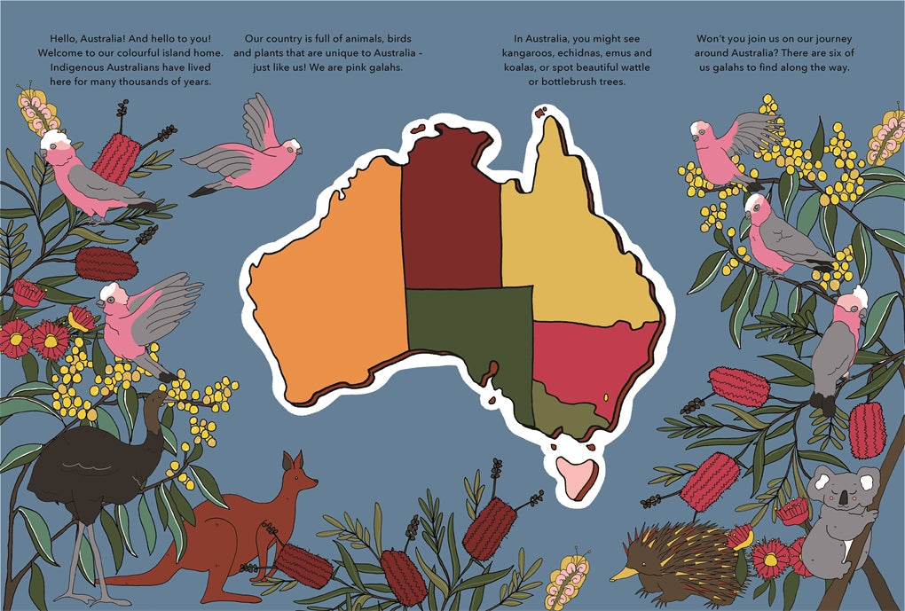 Hardback children's book 'Hello, Australia!' invites readers on a look-and-find adventure across Australia, featuring cheeky galahs, quokkas, Big Things, sacred sites, and diverse landscapes.