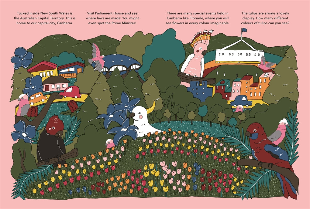 Hardback children's book 'Hello, Australia!' invites readers on a look-and-find adventure across Australia, featuring cheeky galahs, quokkas, Big Things, sacred sites, and diverse landscapes.