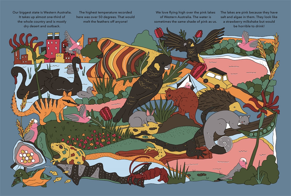 Hardback children's book 'Hello, Australia!' invites readers on a look-and-find adventure across Australia, featuring cheeky galahs, quokkas, Big Things, sacred sites, and diverse landscapes.