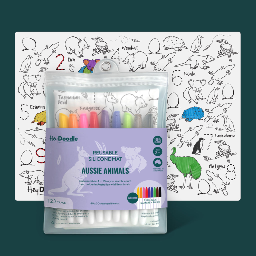 HeyDoodle Aussie Animals reusable silicone colouring mat with pouch and non-toxic markers.