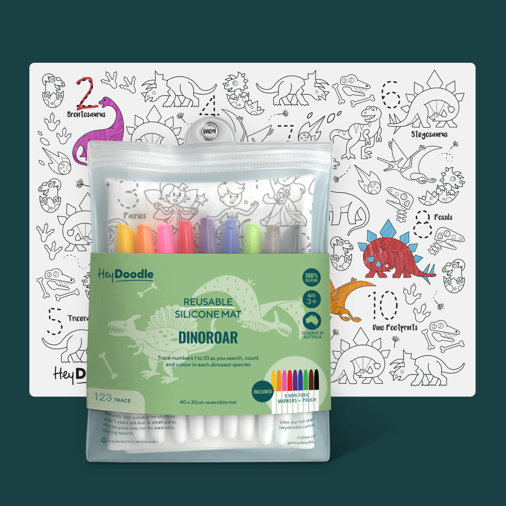 Reusable silicone mat with dinosaur designs and coloring markers on a green background