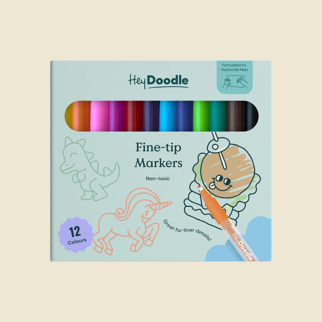 HeyDoodle Fine Tip Markers 12-pack in eco-friendly packaging, showing bright, rainbow-coloured pens through the front window with fun illustrations.