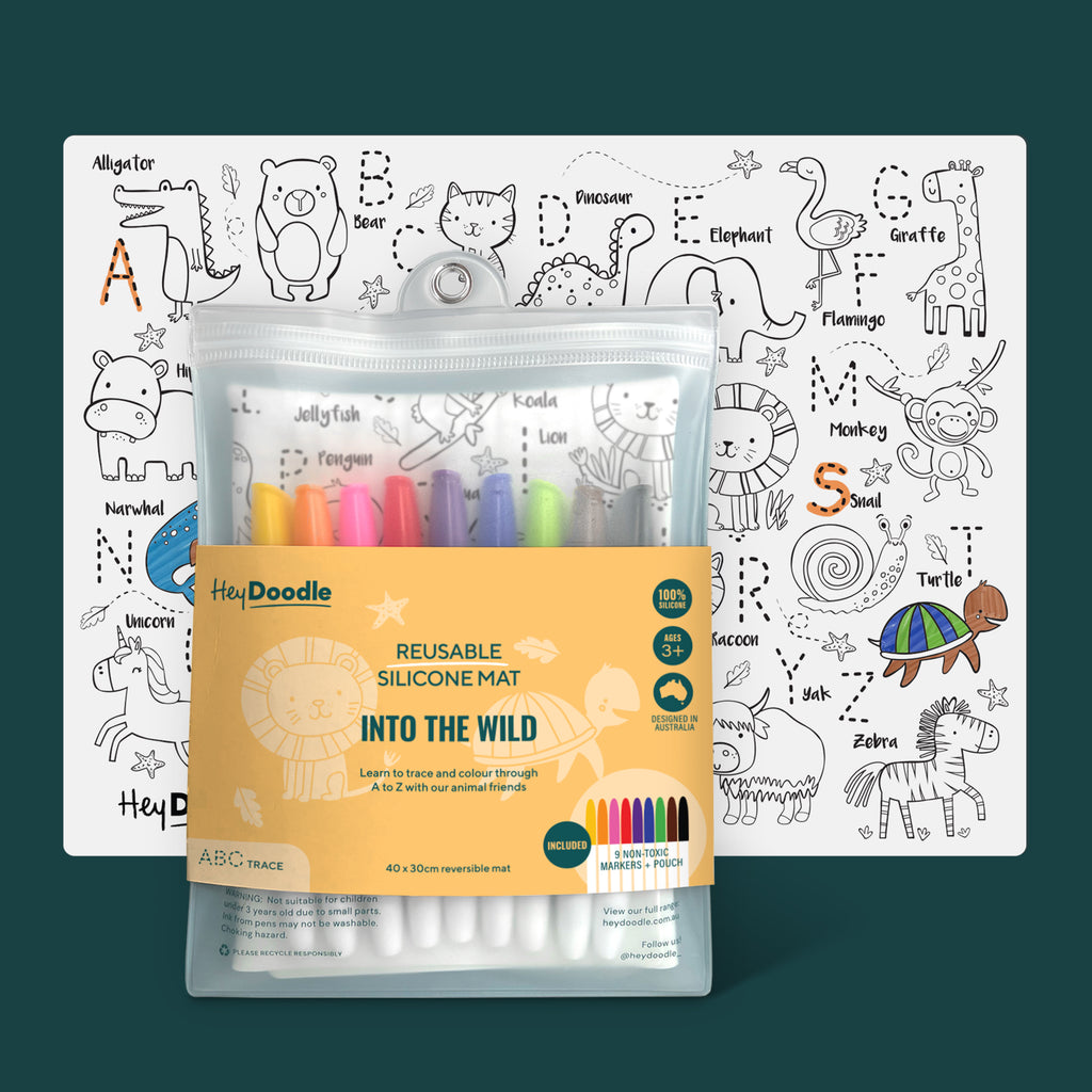 HeyDoodle Classic Colouring Mat – Into the Wild with carry pouch and 9 colourful markers, featuring reusable silicone ABC activity mat.