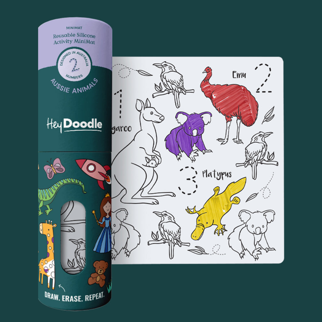 HeyDoodle Aussie Animals mini mat and gift tube featuring Australian wildlife illustrations with erasable marker set.