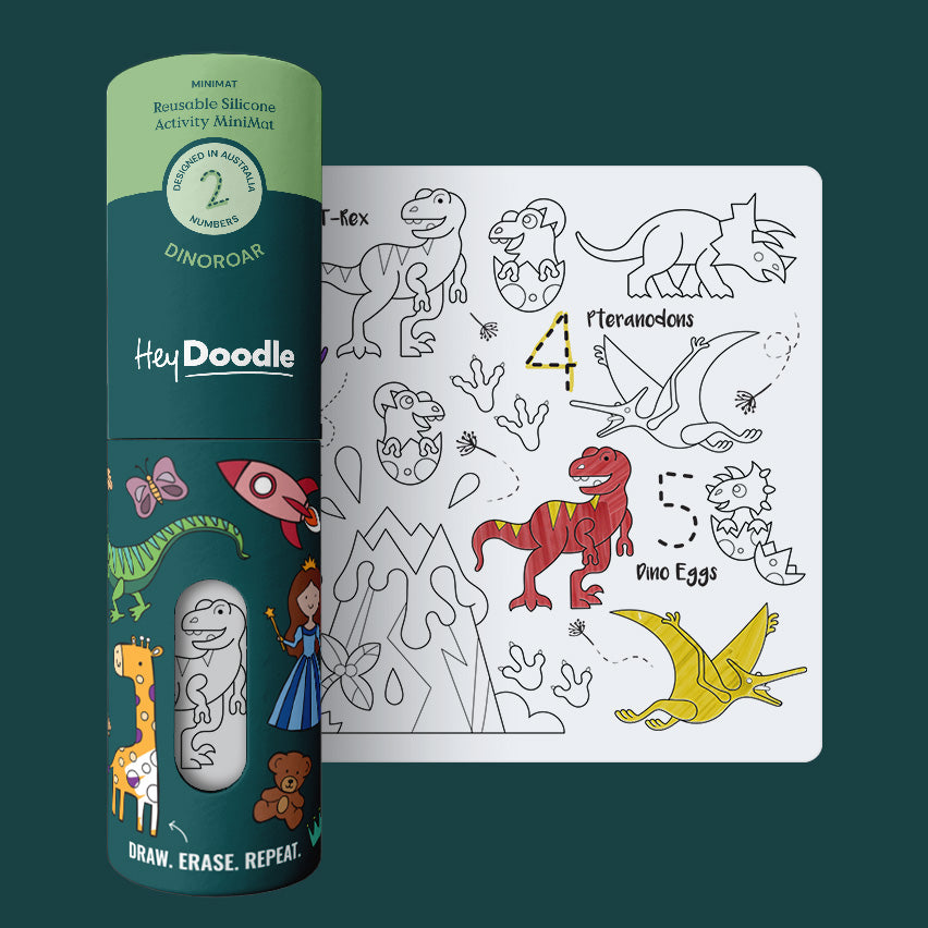 HeyDoodle DinoRoar mini mat and gift tube featuring reusable dinosaur-themed colouring mat with non-toxic pens for kids.