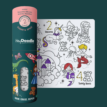 HeyDoodle Sugar & Spice mini mat and tube showing fairies, unicorns and a reusable silicone colouring mat with markers.