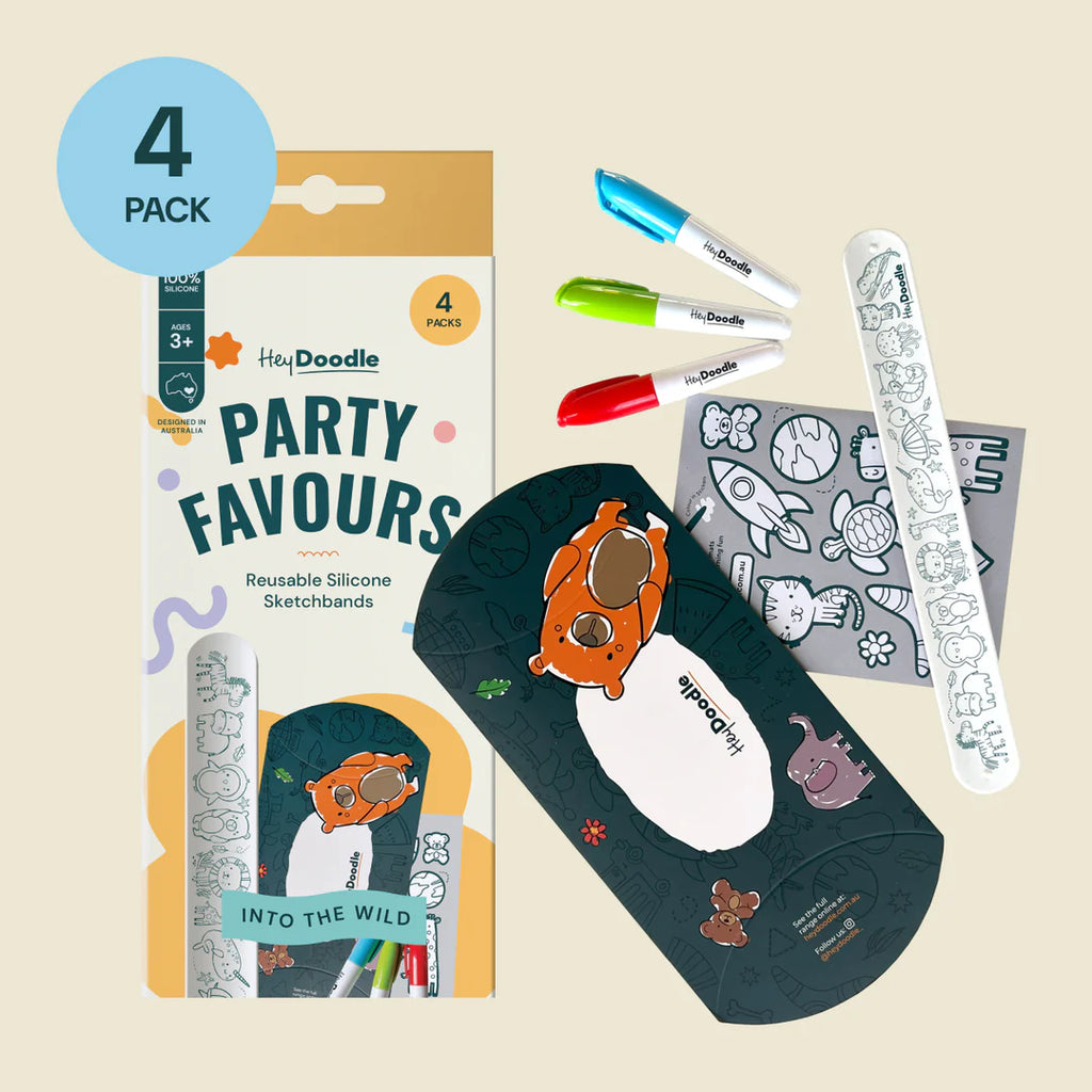 Flat lay of HeyDoodle Sketchband Party Favours 4-pack showing colourful packaging, mini markers, reusable slap bands and gift boxes.