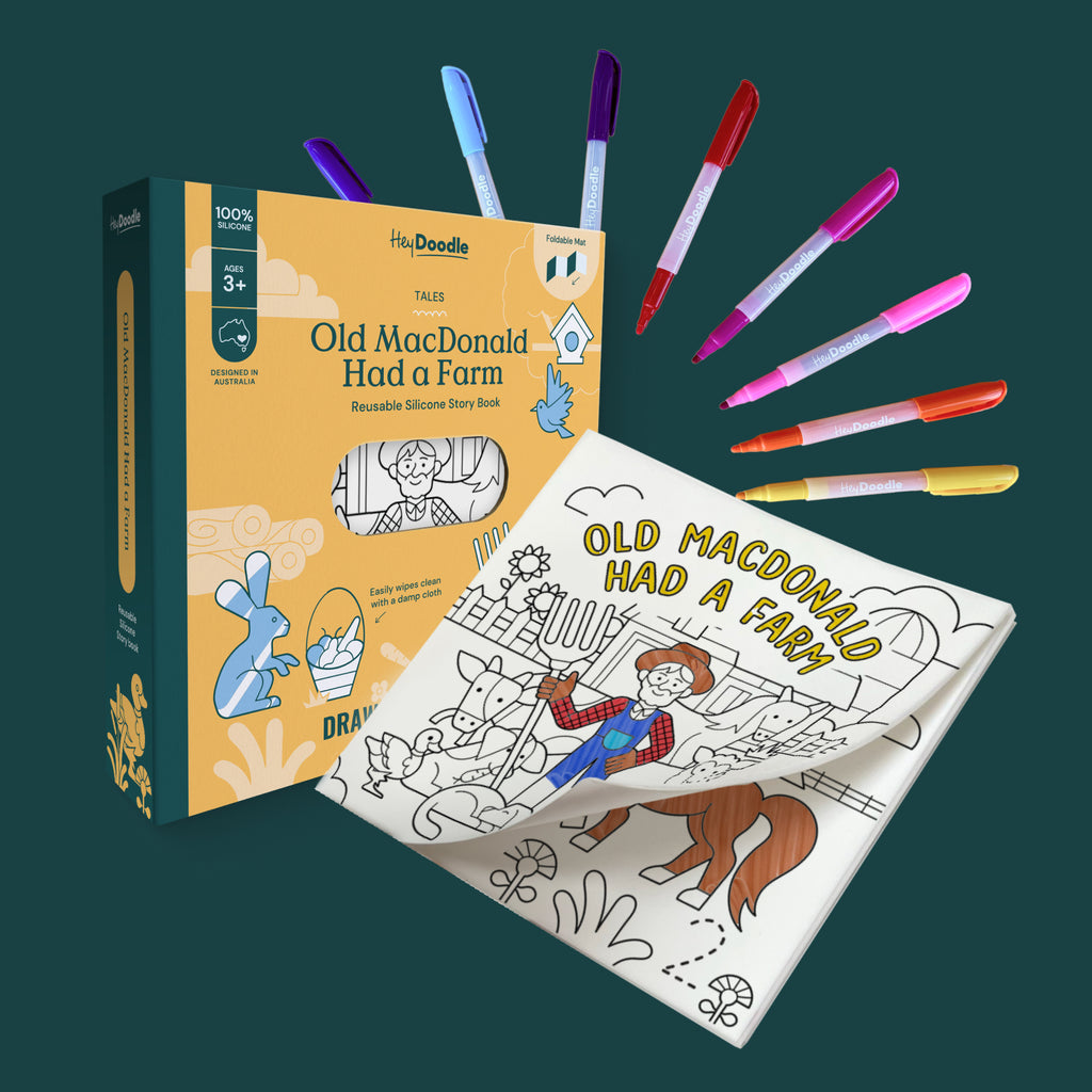 HeyDoodle Old MacDonald Had a Farm boxed set with open silicone book and markers.