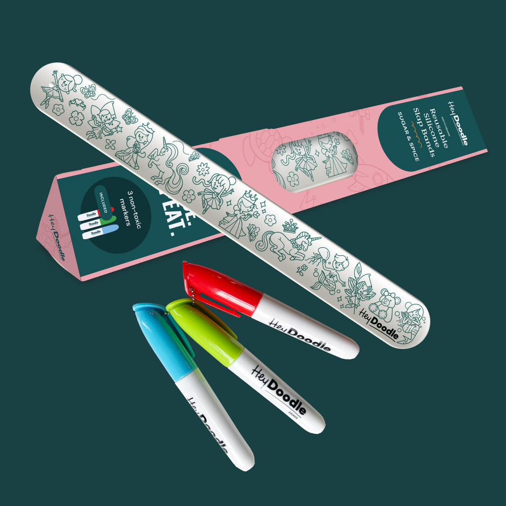 HeyDoodle Sugar & Spice reusable Sketchband with mini markers and themed packaging.