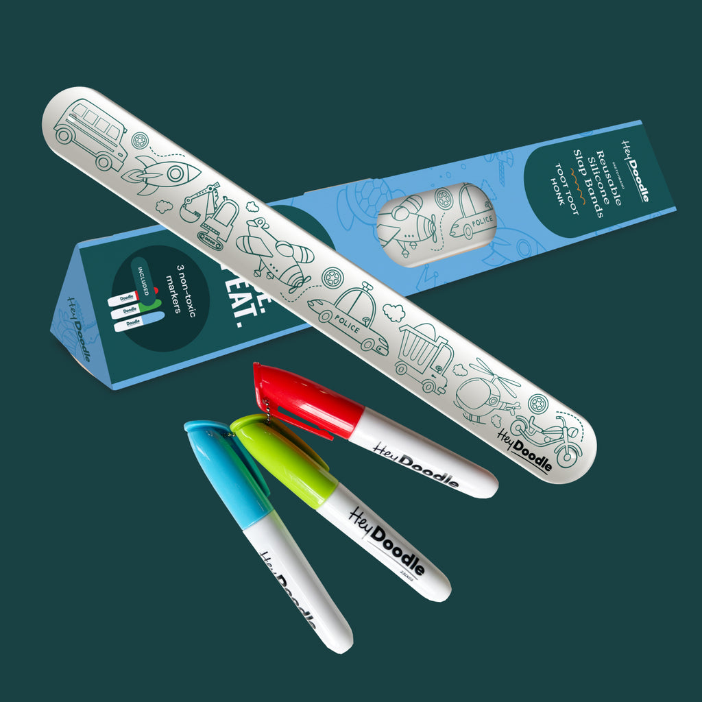 HeyDoodle Toot Toot Honk reusable Sketchband with mini markers and themed packaging.